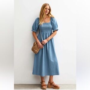Kensie Blue Midi Dress with Smocked Bodice